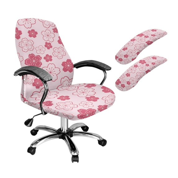 FKELYI Pink Cherry Blossoms Print 3 Pcs Set Office Chair Cover with Armrest Cover Stretchable Swivel Gaming Chair Protector Dustproof Boss Armchair Decoration, Small