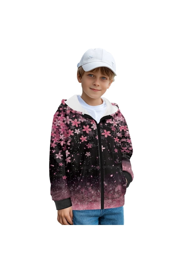 Pink Cherry Blossoms Print Zipper Front Hoodies for Kids Long Sleeve Sweatshirt Fleece Jacket with Pockets for Boys Girls Fall Top Winter Clothes, XL