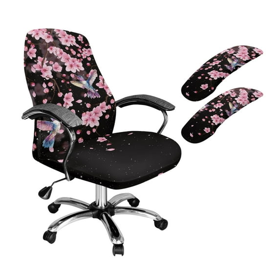 FKELYI Pink Cherry Floral Hummingbird Print 3 Pcs Set Office Chair Cover with Armrest Covers Anti-Dust Swivel Boss Chair Slipcover Gaming Armchair Protector, Large