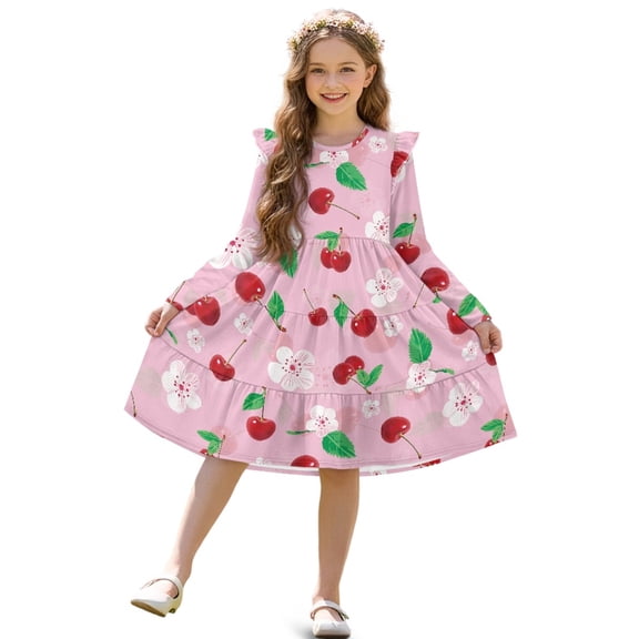 FKELYI Pink Cherry Flower Print Girls Ruffle Sleeve Dress A Line Twirly Dress Midi Soft Fall Dresses Patchwork Playwear Sundress for Kids, 11-12 Y