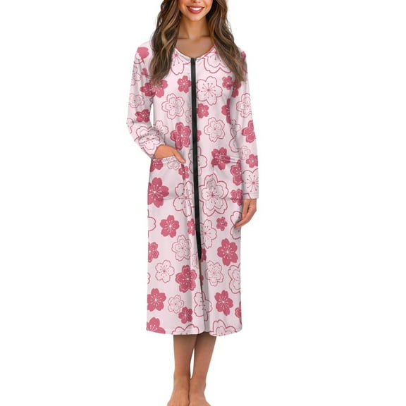 FKELYI Pink Cherry Flower Print Women Zipper House Robes Nightgowns with 2 Pockets Zip-up Front Sleepwear Dress Comfy Bathrobe Loungewear for Fall Winter Indoor Outdoor, 3XL