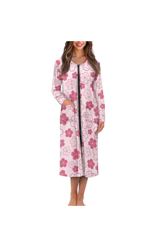 Pink Cherry Flower Print Women Zipper House Robes Nightgowns with 2 Pockets Zip-up Front Sleepwear Dress Comfy Bathrobe Loungewear for Fall Winter Indoor Outdoor, 2XL