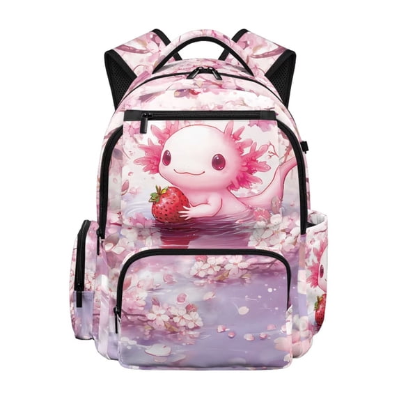 FKELYI Pink Cherry Flower Strawberry Print 17 Inch Schoolbag for Kids Backpack School Bookbag Lightweight Travel Rucksack Casual Daypack with Multi-Pockets for Girls