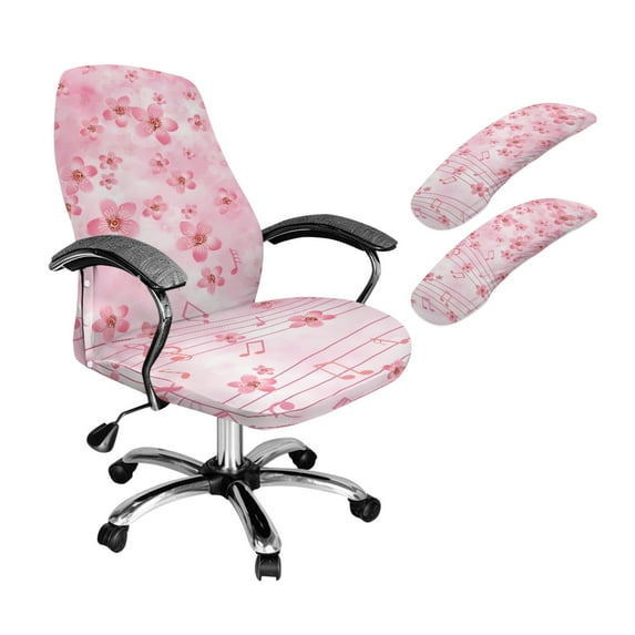 FKELYI Pink Cherry Musical Note Print Office Chair Cover with 2 Pcs Armrest Covers High Back Swivel Armchair Slipcover Removable Anti-Dust Decoration, Small