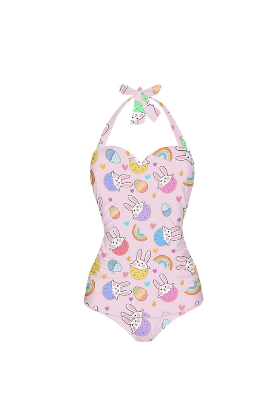 Pink Easter Egg Rainbow Love Print Women's Swimwear with Soft Pads V-neck Swimsuit with Halter Strap Tummy Control Monokini Summer Beachwear for Lady Swimming Surfing, 2XL