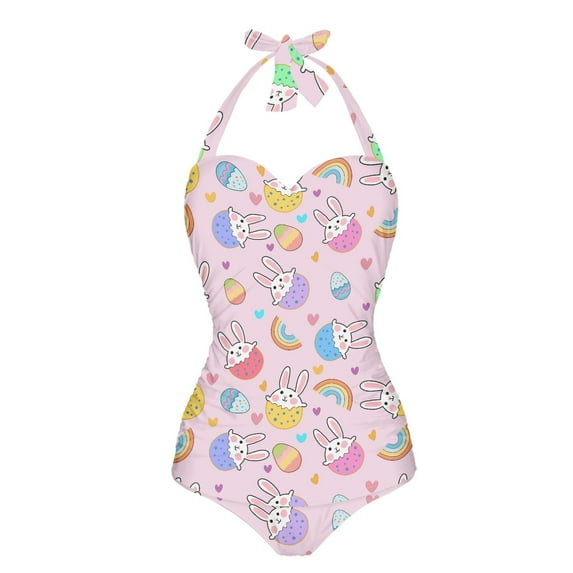 FKELYI Pink Easter Egg Rainbow Love Print Women's Swimwear with Soft Pads V-neck Swimsuit with Halter Strap Tummy Control Monokini Summer Beachwear for Lady Swimming Surfing, S