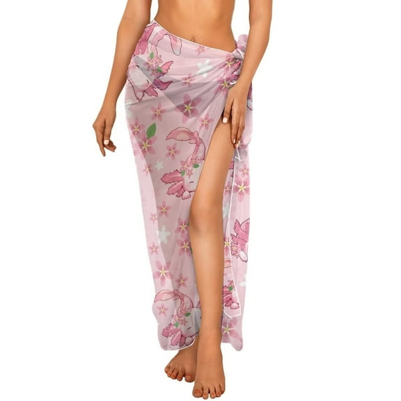 FKELYI Pink Floral Axolotl Print Sarong Cover Up Long Beach Wraps for Women Bikini Cover Up Sheer Fabric Pareo Summer Swimwear Skirt Coverup for Bathing Suit for Lady