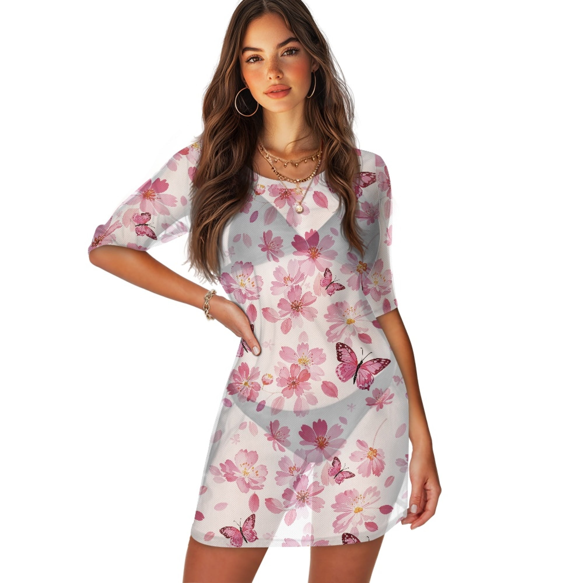 FKELYI Pink Floral Butterfly Print Women's Cover Ups Casual Swimsuit ...