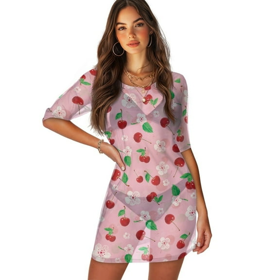 FKELYI Pink Floral Cherry Print Women's Swimsuit Coverup Round Neck Bathing Suit Cover Ups Casual Half-Sleeve Bikini Beach Dress for Summer Vacation Party, M