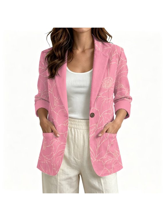 Pink Flower Print Faux Linen Blazer Jacket for Women Casual One Button Suit Jacket with Pockets Breathable Cardigan Coat for Spring Summer Fall, L