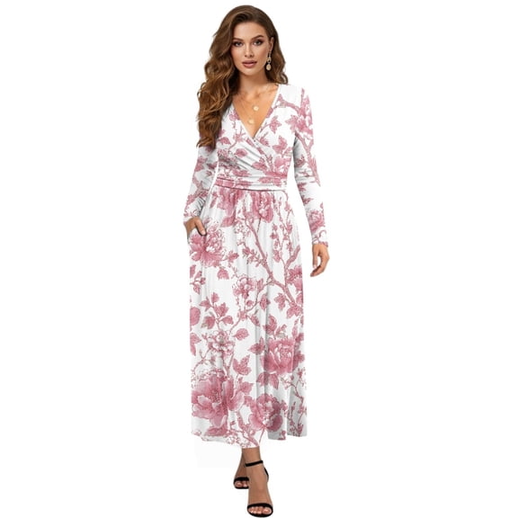 FKELYI Pink Flower Print Long Sleeve Maxi Dress Women's V-Neck Soft Casual Dress Flowy A-Line Dresses with Side Pockets for Party Wedding, S