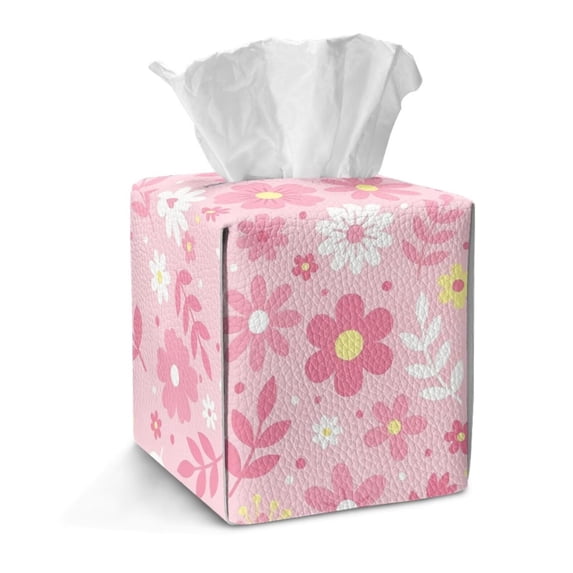 FKELYI Pink Flower Print Tissue Box Cover Squared Tissue Holder Home Accessories PU Leather Tissue Holder Organizer Snap Button Design Modern Decor