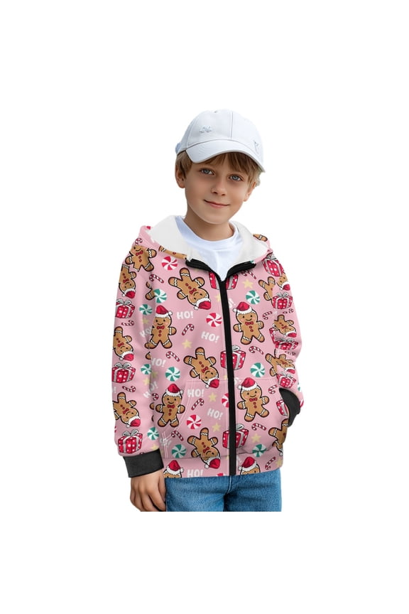 Pink Gingerbread Man Star Candy Print Zip Up Hoodies for Kids Fall Sweatshirt Boys Girls Jacket with Side Pockets Winter Activewear Top Cosy Hooded Clothes, M