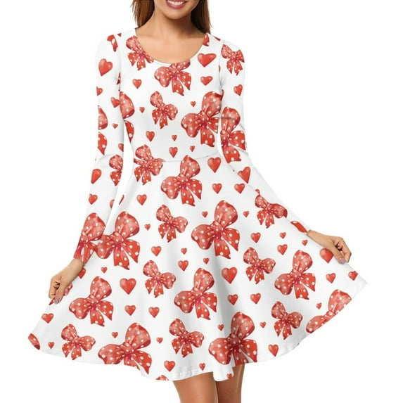 FKELYI Pink Heart Bow Women Dresses Size S Durable Women Dress Long Sleeve Elegant Elastic Swing Skater Midi Dress for Valentine's Day