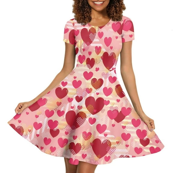 FKELYI Pink Heart Short Sleeve Dresses Breathable Twirly Skater Dress for Dating Soft Valentine's Day Short Sleeve Dress for Women Midi Size L
