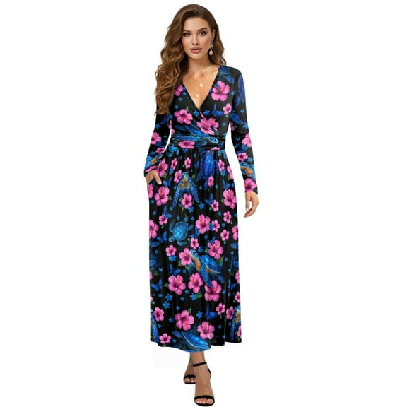FKELYI Pink Hibiscus Flower Turtle Print Women's Fall Long Sleeve Dress Casual Maxi Dress with Pocket Flowy Tiered Waist Long Dresses for SSpring Winter, L