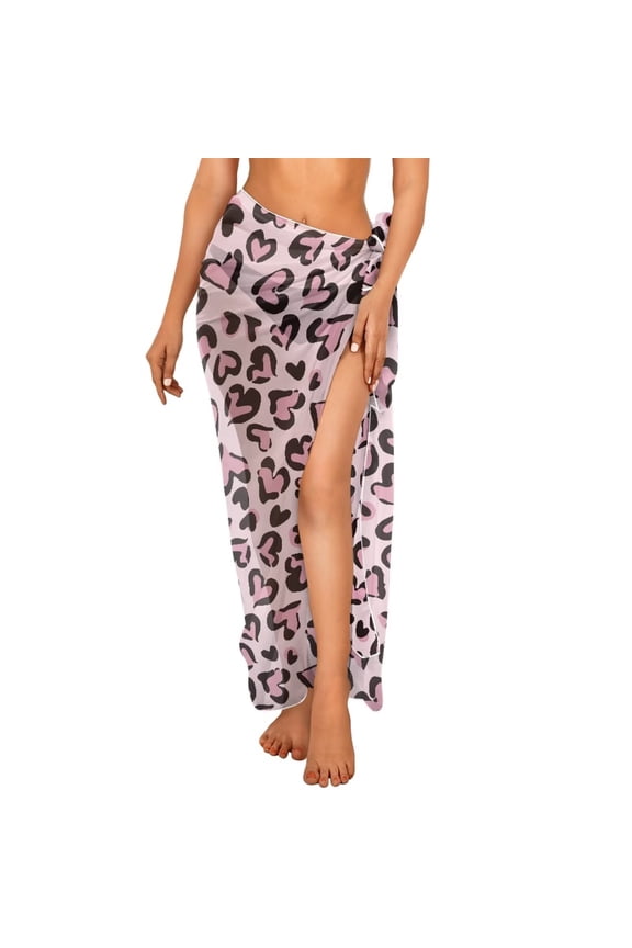 Pink Leopard Love Print Women Sarong Swimsuit Coverups for Summer Chiffon Long Bikini Wraps Semi-Sheer Beach Pareo Soft Bathing Suit Cover Up Beach Dress