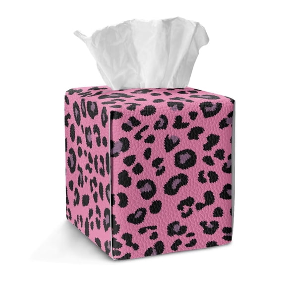 FKELYI Pink Leopard Print Tissue Box Cover PU Leather Squared Tissue Holder Organizer for Home Office Bathroom Decor, Snap Button Design