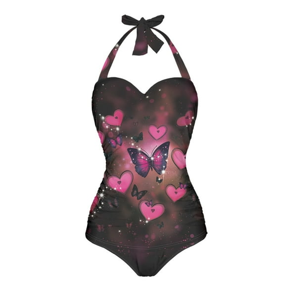 FKELYI Pink Love Butterfly Print Women's V Neck Swimwear One Piece Swimsuit with Soft Pad Halter Monokini Tummy Control Bathing Suits for Ladies Summer Surfing Swimming, 2XL