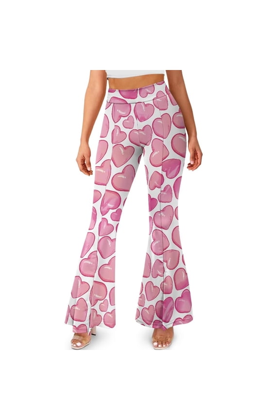 Pink Love Heart Print Leggings Pants for Women Girls Bootcut Yoga Pants Slim-Fit Flare Leg Pants High-Waisted Yoga Leggings Sweatpants Athleticwear for Running Hiking, M