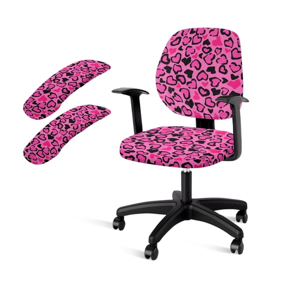 FKELYI Pink Love Leopard Print 2 Piece Office Chair Covers with Armrest Covers for Home Decor Washable Computer Chair Slipcover Desk Chair Protector for Backrest & Cushion