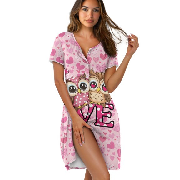 FKELYI Pink Love Owl Print Women's Nightgown Short Sleeve Pajama Dress Skin-Friendly Sleepwear Dress Button Down Sleep Shirts Breathable Boyfriend Nightdress Soft House Dress, XS