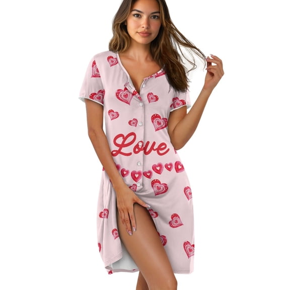FKELYI Pink Love Print Women's Nightgown Short Sleeve Pajama Dress Skin-Friendly Sleepwear Dress Button Down Sleep Shirts Breathable Boyfriend Nightdress House Dress, XS