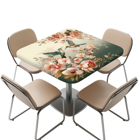 FKELYI Pink Peony Floral Hummingbird Print Tablecloth Outdoor Table Cover with Elastic Edge Anti-Dust Square Fitted Table Cloths for Kitchen Dining Room Decoration, 34x34 inch