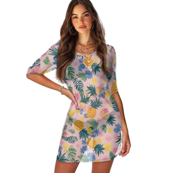 FKELYI Pink Pineapple Palm Leaf Print Half-Sleeve Cover Ups for Women Round Neck Swimwear Cover-Up Chiffon Fabric Cover Up Soft Beachwear Dress for Summer Vacation Swimming, L
