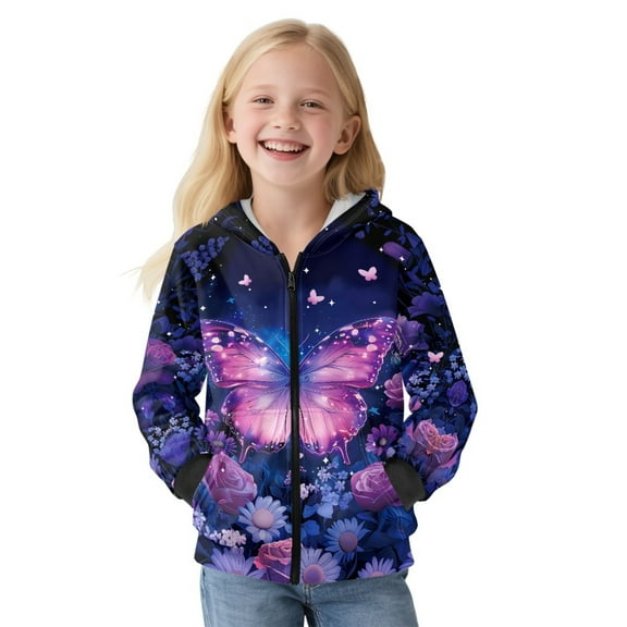 FKELYI Pink Purple Floral Buttefly Print Zipper Front Hoodies Girls Long Sleeve Sweatshirt Kids Fleece Jacket with Pockets Fall Fleece Lining Top Winter Clothes, M