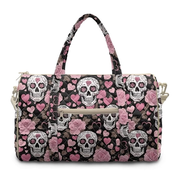 FKELYI Pink Rose Skull Print Quilted Travel Duffel Bag Weekender Overnight Bag for Women Men Lightweight Luggage Bags Women Hospital Bag for Labor & Delivery