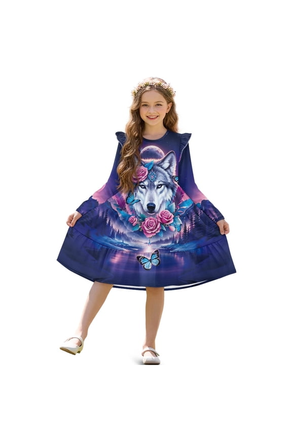 Pink Rose Wolf Print Toddler Girl Long Sleeve Dresses Breathable A-Line Ruffle Trim Dress Soft Fall Outfits for Girls Patchwork Dresses, 9-10 Y