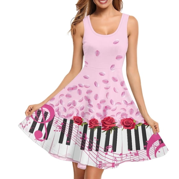 FKELYI Pink Sakura Sleeveless Dresses Size XS Elastic Music Red Rose Tank Dress for Women Durable Summer Beach Dress Valentine's Day Gift
