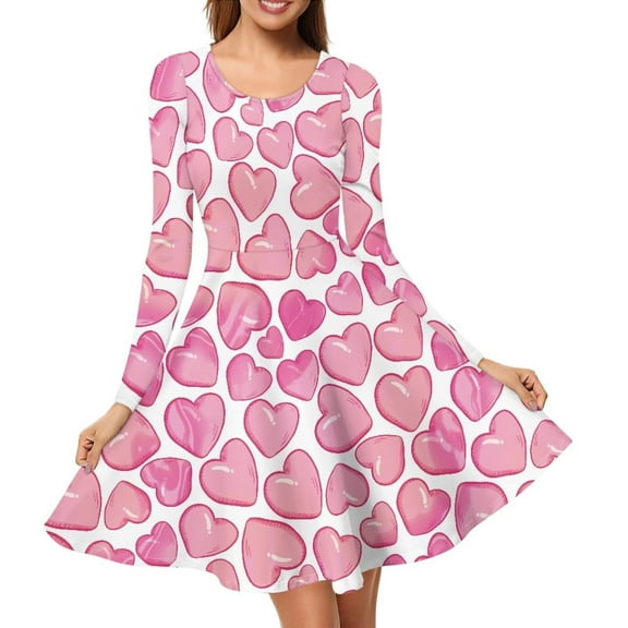 FKELYI Pink Women Dresses Comfortable Love Heart Women Long Sleeve Dresses Casual Size L Polyester Swing Party Dress for Valentine's Day