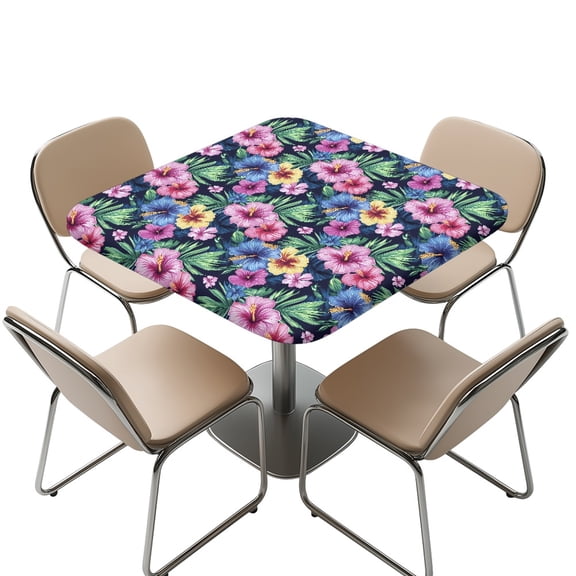 FKELYI Pink Yellow Hibiscus Floral Palm Leaf Print Square Tablecloth with Elastic Edge Outdoor Card Table Protective Cover Fitted Table Cloth for Wedding Party, 36x36 inch