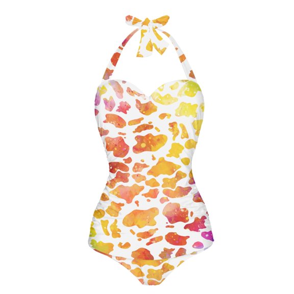 FKELYI Polyester Bikini Swimwear Gradient Leopard Orange Print One Piece Swimsuit Tummy Control Bathing Suits Polyester Summer Beachwear for Ladies Swimming Surfing, S