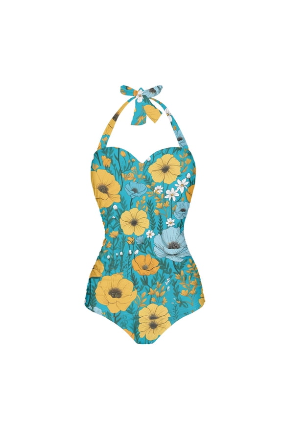 Polyester Swimwear V Neck Bikini Swimsuits Retro Floral Grass Print One Piece Bikini Swimwear for Women Tummy Control Bathing Suits Summer Beachwear for Ladies Swimming Surfing, 2XL