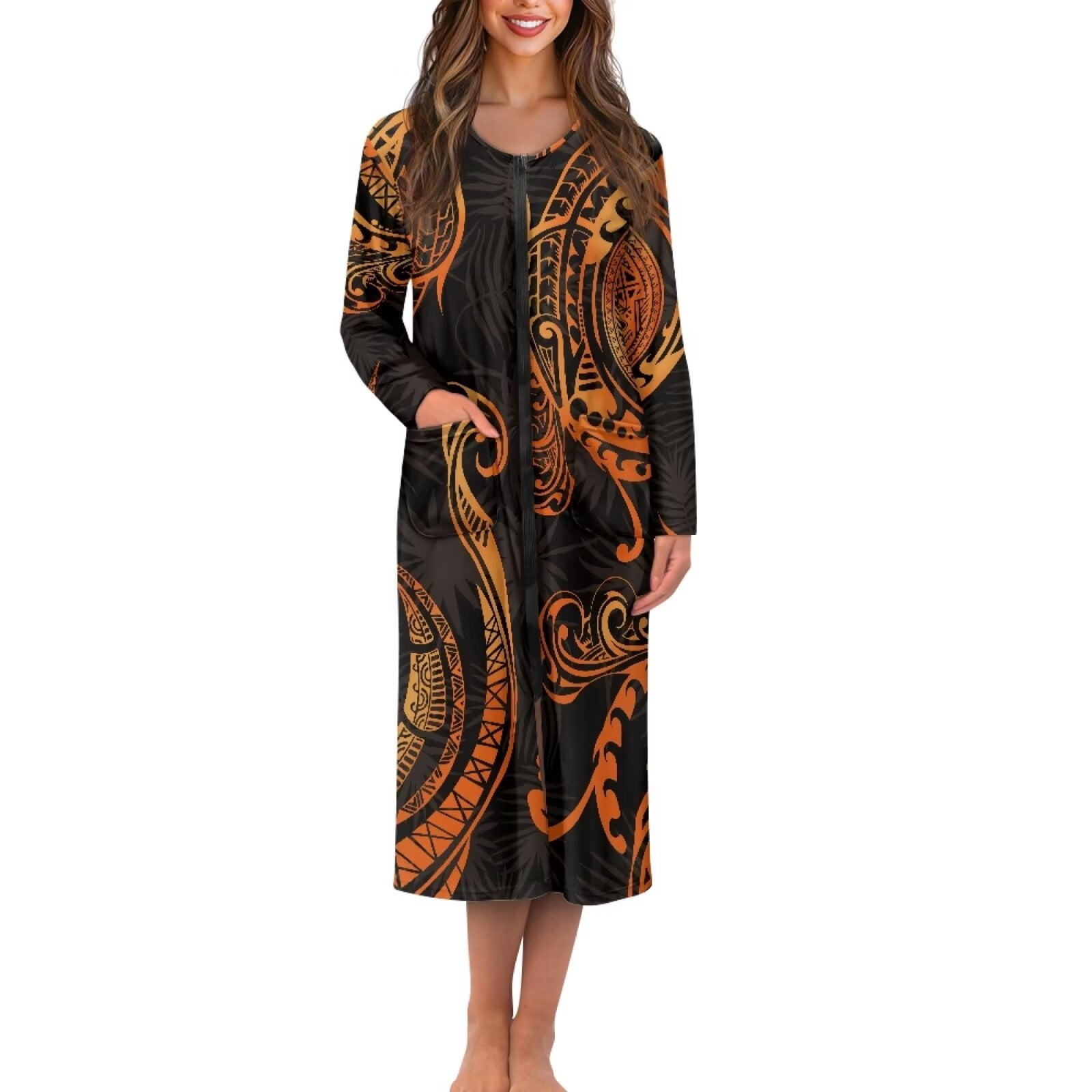 FKELYI Polynesian Flower Print Women Nightgowns Zip-Up Robes Soft Comfy ...