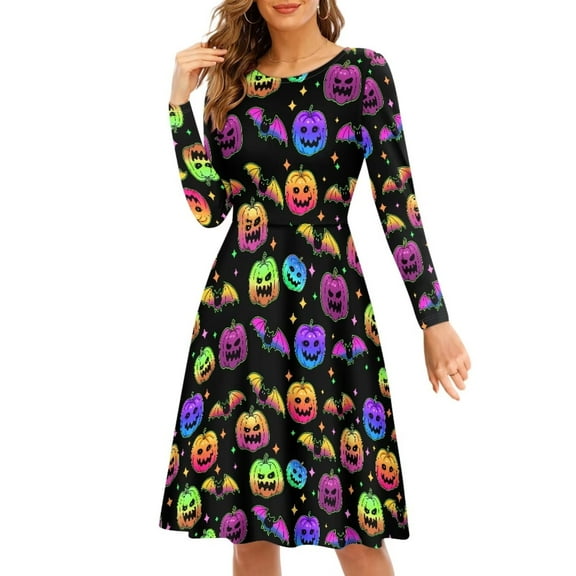 FKELYI Psychedelic Pumpkins Women Dresses Size L Comfortable Halloween Swing Twirl Skater Dress Novelty Leisure Women Long Sleeve Dress to Look Thin