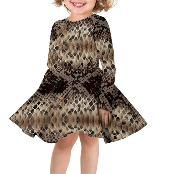 FKELYI Psychedelic Scale Long Sleeve Dress Stretchy Swing Skater Midi Dress Comfortable Vacation Dresses for Girls Knee Length Size 13-14