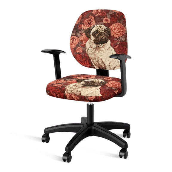 FKELYI Pug Dog Retro Rose Print 2 Pcs Office Chair Slipcover Desk Chair Cover Elastic Fabric Chair Cover Stretchable Computer Chair Protective Cover for Workout