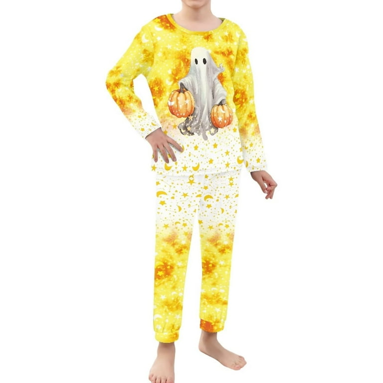 FKELYI Pumpkin Ghost Pajamas Size 13 14 Years Old Stretchy Party Long Sleeve Pjs 2pcs Lightweight Kids Sleepwear Sets for Boys Halloween Gift