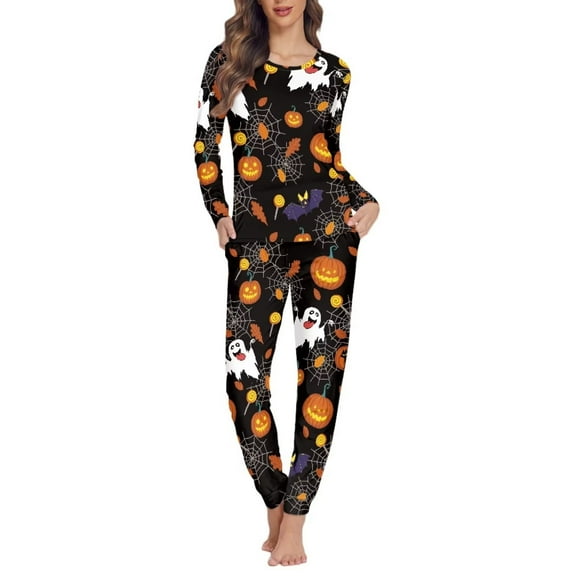 FKELYI Pumpkin Ghost Women Pajama 2 Packs Stretchy Halloween Spider Web Cozy Pajamas for Women Durable Pjs Party Nightwear Set Size 6XL