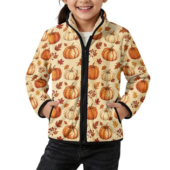 FKELYI Pumpkin Leaf Print Kids Zippered Fleece Jacket, 2Y, Lightweight Faux Sherpa Lined Jacket, Windproof Stans-Up Collar, Warm Coat with Pockets, Autumn Winter Coat, Soft Layering