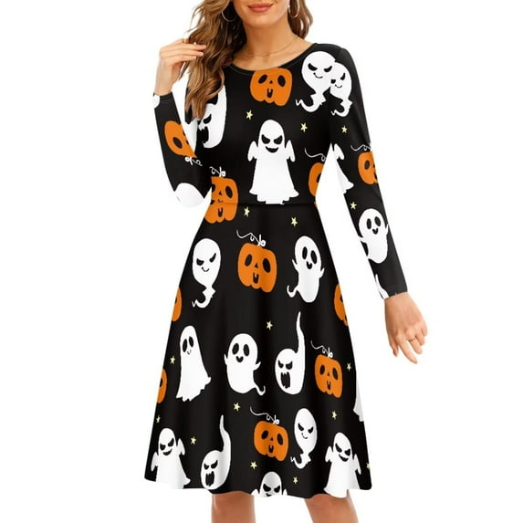 FKELYI Pumpkin Women Dresses Size 4XL Comfortable Halloween Ghost Women's Wear to Work Dresses Leisure Swing Skater Midi Dress for Party Hoilday