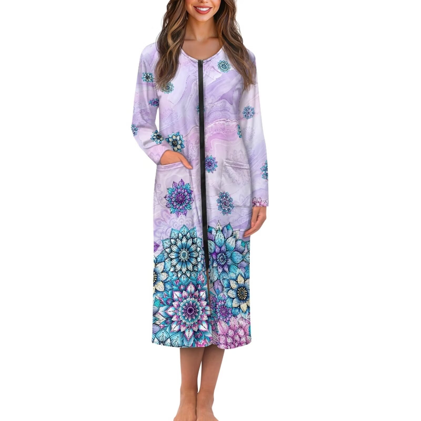 FKELYI Purple Bohemian Flower Print Women Zipper Front Robe Long Sleeve ...