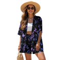 thumbnail image 1 of FKELYI Purple Butterfly Musical Note Print Women's 2 Piece Short Set for Summer Open Front Shirt Top & Shorts with Elastic Waist Beachwear Loungewear Set for Ladies, M, 1 of 7