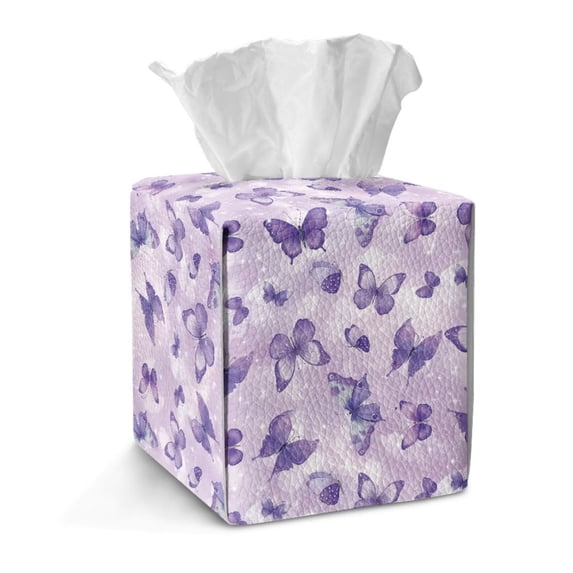 FKELYI Purple Butterfly Print Squared Tissue Box Cover Tissue Holder Organizer Snap Button Design Facial Paper Holder Cover Faux Leather Home Office Decor