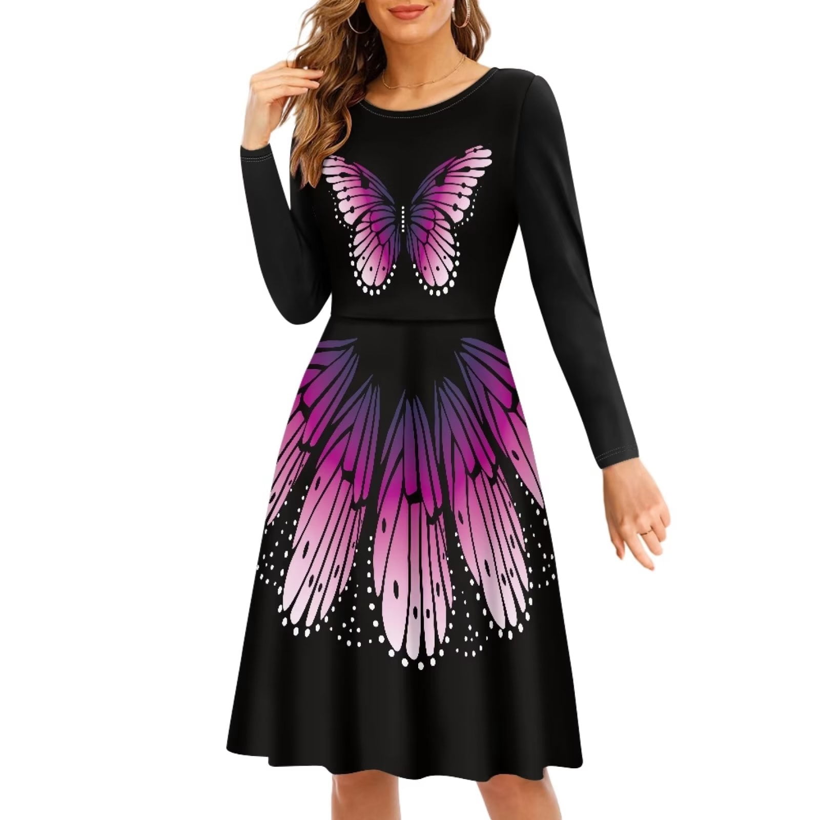 Fkelyi Purple Butterfly Women Dresses Comfortable Women's Wear to Work Dresses Midi Size L A Line Skater Casual Twirly Dress, Size: Large Fkelyi Purple Butterfly Women Dresses Comfortable Women's Wear to Work Dresses Midi Size L A Line Skater Casual Twirly Dress, Size: Large