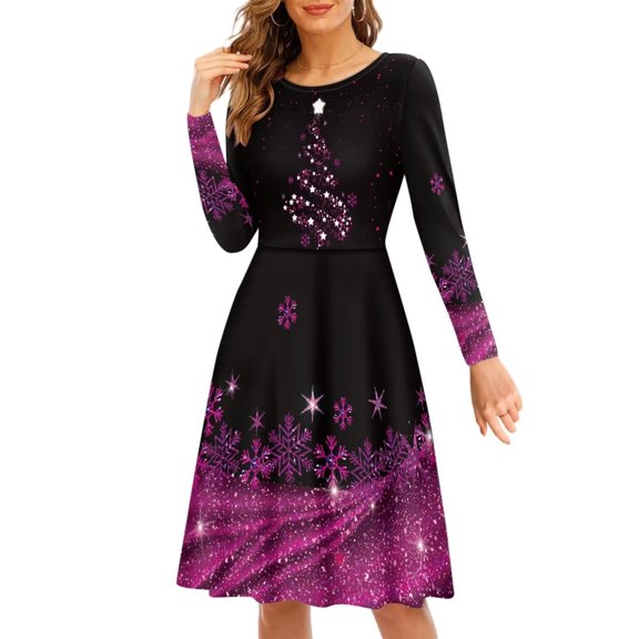FKELYI Purple Christmas Snowflake Women Dress Size 4XL Lightweight Crew Neck Swing Party Dress Comfy Women Dresses Casual Knee Length